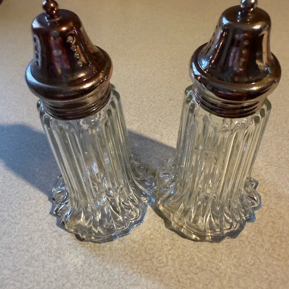 Vintage Cut Glass Fluted Salt & Pepper Shaker Set with Silver-Plated Tops.Spring